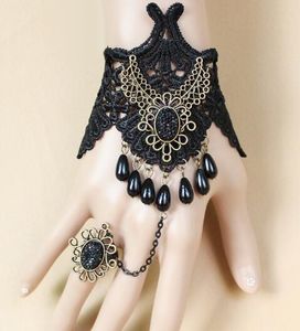 libero nuovo Retro personalità pizzo nero goccia perla bronzo braccialetto da donna fascia anello stile classico squisita eleganza