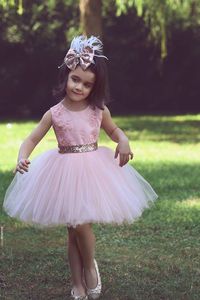 Bow Pink paljett Knut Flower Jewel Neck Toddler Pageant Dresses Kids Prom Wedding Party Dress for Girls
