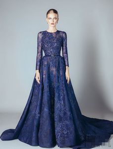 Navy Blue Elie Saab Evening Dresses Lace Formal Prom Dresses Party Gowns With A Line Lace Applique Beads Crew Neck Long Sleeves DH4112