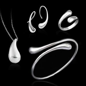 Wedding Jewelry Set 925 Stering Silver Jewelry Sets Silver Water Drop Bangles Bracelets Pendant Necklace Finger Rings Earrings For Women