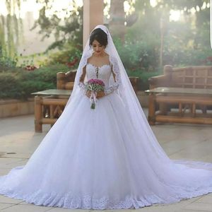 Elegant 2017 White Lace Ball Gown Wedding Dresses With Illusion Long Sleeve Tulle Applique Court Train Bridal Gowns Custom EN12158