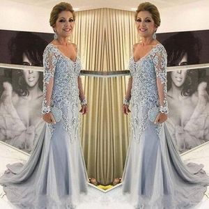 Élégante mère de la mariée robes col en V pure manches longues robe de soirée sirène dentelle appliques perles balayage train grande taille robe de soirée