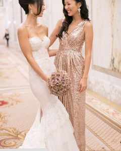 Bling Rose Gold V Neck Cekinowa Maid of Honor Dresses Backless Plus Size Long Beach Druhna Bridal Party Suknie wieczorowe 2018 Custom