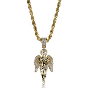 Hip Hop Angel Wings Necklace Gold Sier Color Plated Iced Out Micro Pave CZ Stone Pendant Necklaces with Rope Chain