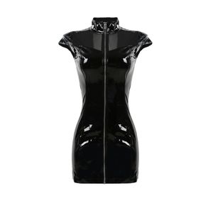 Hot sexy camicia da notte collo alto in lattice di PVC ecopelle fetish gotico cerniera donna mini stringata clubwear abito a tubino nero