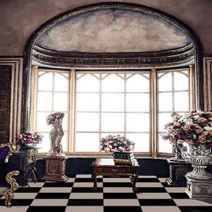 Indoor Wedding Photography Window Backdrop Vintage Style Printed Statue Flowers Photo Studio Backgrounds Black and White Floor