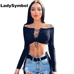 LadySymbol Off Shoulder Lace Up Black Blouse Shirt Women Long Sleeve Blusa Female Elegant Autumn Sexy Slim Casual Crop Top Women