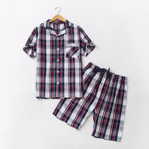 2018 Summer  homewear Men Casual Plaid Pajama sets Men Turn-down Collar shirt & half pants Male Soft Cotton sleepwear suit