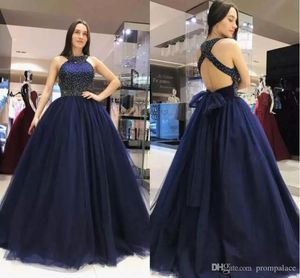 2019 Sexy Tulle Prom Dresses Ball Suknie Klejnot Neck Bez Rękawów Sexy Backless Charming Party Suknie Formalne Nosić Custom Made Suknie wieczorowe