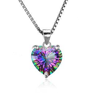 Luxury 925 Sterling Silver Heart shaped pendant Rainbow Cubic zirconia CZ Gemstone Charm Box chains For women Fashion Jewelry