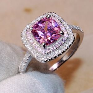 Rozmiar 5-11 Wspaniały Brand New Luksusowa Biżuteria 100% Soild 925 Sterling Silver Poduszka Kształt Pink Sapphire Pave CZ Diamond Wedding Band Ring Set