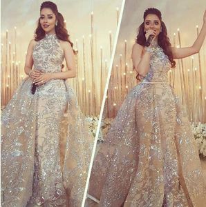 2018 Yousef Aljasmi Dubai Arabic Evening Dresses Prom Gowns Overskirt Detachable Train Champagne Mermaid Lace Applique Party Dress High Neck