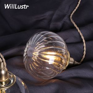 Moderne handgemachte mundgeblasene Glas-Messing-Pendelleuchte, klares Kristallglas, Kürbis-Pendelleuchte, japanische Retro-Lampe im nordischen Stil