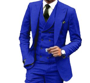 Anpassad design Royal Blue 3 Piece Suit Men Wedding Tuxedos Utmärkta brudgummen Tuxedos Men Business Dinner Prom Blazerjacket Pants Tie265R