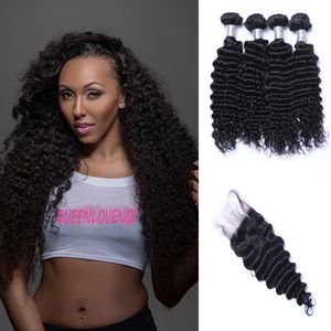 Brazilian Deep Wave Hair Weaves 4Bundles with Lace Closures Free Middle 3 Part Double Weft Human Hair Extensions Dyeable 100g/pc No Shedding