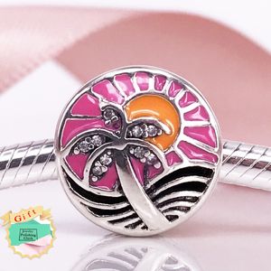 Pôr do sol tropical charme Authentic 925 Sterling Silver misturado esmalte claro CZ Beads serve pulseiras de cobra DIY jóias finas 792116ENMX charme