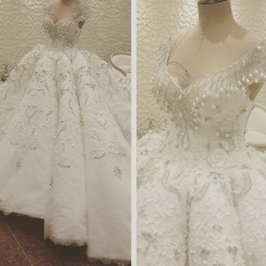 Faszinierende Dubai Vestido De Novia Luxus Perlen Perlen Spitze Applikationen Ballkleid Brautkleider Fabelhaftes sexy schulterfreies Hochzeitskleid