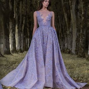 Glamorous Lavender Embroidery Evening Dress Sheer Jewel Neck Lace Appliques See Through Red Carpet Dress Sexy Dubai Formal Prom Dresses