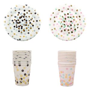 10pcs Black Dot Gold Stars Disposable Tableware Party Paper Plates Baby Shower Birthday Party Supplies Paper Cups Tableware