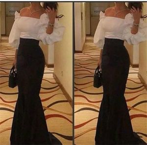 2018 preto e branco vestidos de baile árabe sereia Juliet sopro mangas compridas eveing ​​vestidos de festa elegante off ombro trem varredura saia formal