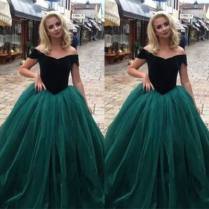 Elegant 2018 Prom Dresses Off Shoulder Neckline Capped Sleeves Black Velvet Bodice Dark Green Tulle Skirt Winter Girls Party Dresses