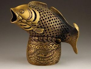 Chinese Brass Copper Wealth Coin Fish Head Head Statue Box Incense Burner Censer