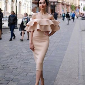 Sheath Elegant Off Shoulder Short Sleeve Cocktail Dresses With Ruffles Tea Length Champagne Party Gowns Abendkleider Evening Dress