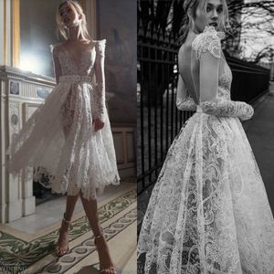 Inbal Dror Fall 2018 Wedding Dress Sexy V Neck Full Lace Long Sleeves Backless Knee Length Bridal Gowns Designer Wedding Dresses Custom Made