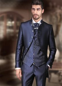 Tanie Niebieskie Męskie Garnitur Fit Groom Tuxedos Groomsman Wedding Garnitury Formalne Garnitury Rozmiar niestandardowy (Kurtka + Spodnie + Kamizelka) Trzy kawałki Ślub Bestman Nosić