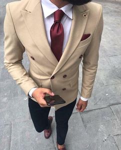 High Quality Double Breasted Champagne Wedding Groom Tuxedos Peak Lapel Groomsmen Mens Dinner Blazer Suits (Jacket+Pants+Tie) NO:1759