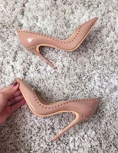 Darmowe Mody Kobiety Buty Nude Czarne Kolce Nity Point Toe Thin Heels High Heels Pompy Szpilki Buty dla kobiet 120mm