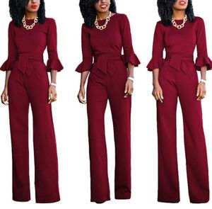 Womens Work Manga Longa Jumpsuits Butterfly Sleeve Slim Romper Pescoço Rodada Com Blet Largo Pé Long Playsuits Novo