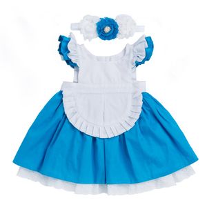 Girls Dress 2018 New Cotton Children Clothing Alice Cinderella Dress White Blue Bow Baby Girls Cosplay Party Princess+Hairband 2Pcs Clothes