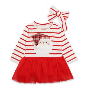 Neonate Abito in pizzo natalizio Bambini Abiti da principessa a strisce di Babbo Natale Boutique di moda autunnale Abbigliamento per bambini di Natale con fascia C5509