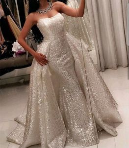 2018 Bling Ball Gown Prom Dresses with Sweetheart Neckline Sweep Train Sleeveless Glitter Glued Lace Detachable Overskirt Evening Gowns