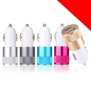 Metal Dual USB Port Auto Adapter Charger Universal Aluminium 2-Ports Car Chargers voor Apple iPhone iPad iPod / Samsung Galaxy Droid Nokia