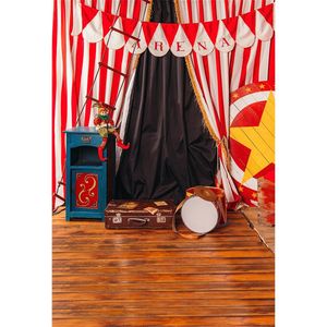 赤ちゃん子供の誕生日パーティーサーカス背景印刷ホワイトレッドストライプのカーテンスーツケース子供の写真背景木の床