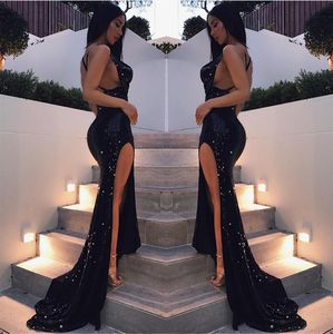 Sexy Mermaid Evening Dresses Black Sequined Prom Dresses Side Split V Neck Sweep Train Formal Wear