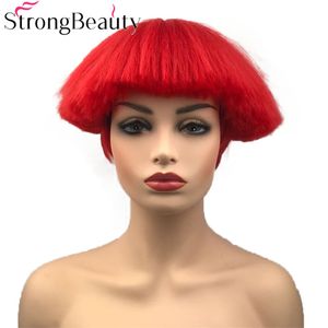 StrongBeauty Short Yaki Straight Synthetic Wigs Red/White/Blonde/Black Mushroom Head Wig Heat Resistant Hair