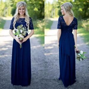 Hot Sales Royal Blue Bridesmaid Dresses 2019 Bateau Neckline Short Sleeves A Line Lace and Chiffon Country Wedding Maid of Honor Dresses