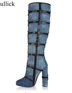 Prawdziwe zdjęcie Denim Niebieskie Kolee High Boots Sexy Chunky Obcasy Zimowe Długie Buty Kobiety Okrągłe Toe High Heel Sukienka Buty