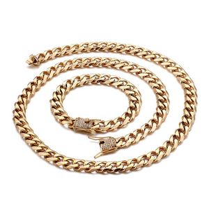 13mm Män Kvinnor Zircon Curb Cuban Link Halsband Armband Hip Hopp Guld Silver Rostfri Stee Heavy CZ Rhinestone Chain Bracelet Smycken Sets