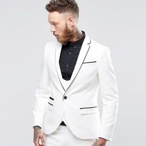 Yepyeni Beyaz Üç Parçalı Damat smokin Bir Düğme Merkezi Vent Slim Fit Erkekler Blazer Erkekler İş Örgün Balo Takım Elbise (Ceket + Pantolon + Kravat + Yelek) 169