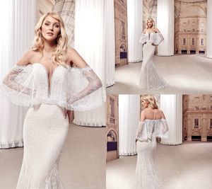 2019 Eddy K Mermaid Gelinlik Ile Wrap Sheer Jewel Boyun Dantel Aplikler Boho Gelinlikler Sweep Tren Artı Boyutu Gelinlik Bahçe