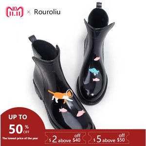 Rousoliu mulheres pvc ankle chuva botas dos desenhos animados animais impermeáveis ​​sapatos de água mulher Rainboots Wellies Slip-on TR114