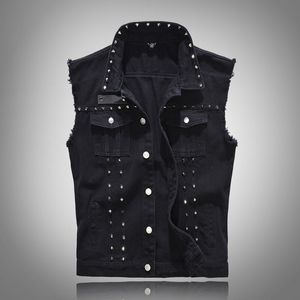 Svart Men Vest Cool Rivet Waistvest Denim Jackor Ärmlös Koreansk Slim Fit Jeans Vest Hip Hops Toppar Överrock Vår Höstrockar 5xl