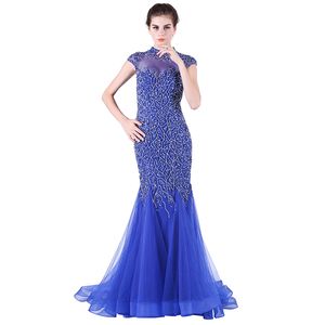 Vestidos estilo sereia nova moda cristal/miçangas vestidos de noite cauda azul-pesado manual prego grânulo longo vestidos de festa de dança hy081