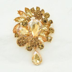 Stor vattendroppsglas Pendent Dangle Bröllop Brosch Luxury Champagne Crystal Brosch Pins för kvinnor Högkvalitativa Bouquet Pin Smycken