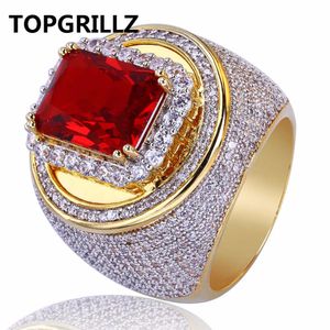 TOPGRILLZ Hip-Hop Clássico Banhado A Ouro Cubic Zircon Big Red Stone Ring Personalidade Moda Homens Mulheres Jóias Amante Presente