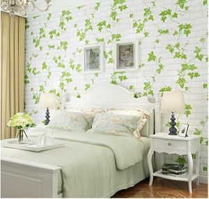 Weißer Ziegelstein Backsteingrüne Blatt nicht gewebt Wallpapers für Wohnzimmer Schlafzimmer Wandpapiere Wohnkultur